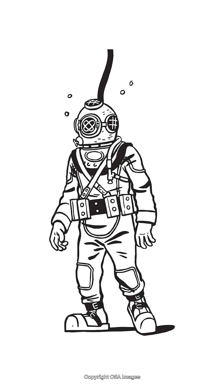 Black and White Retro Diver Illustration in Line Art Style
