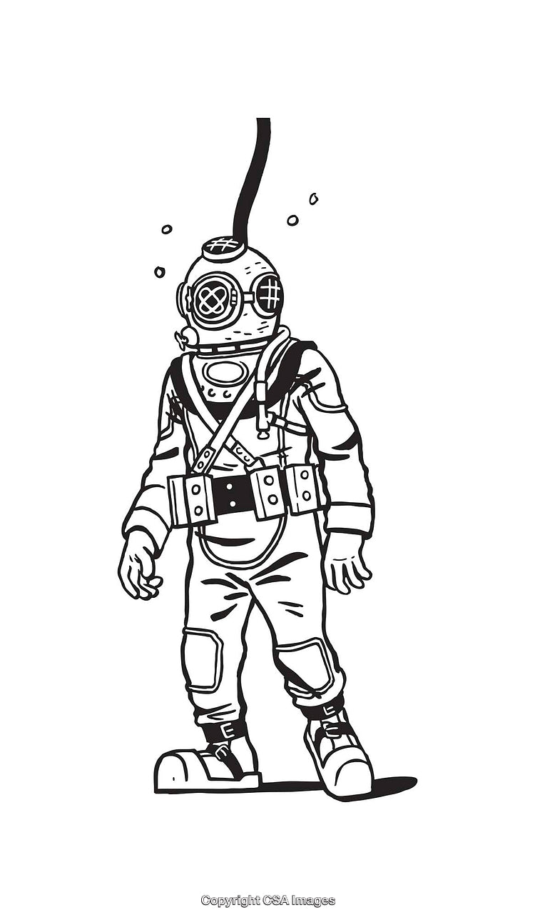 Black and White Retro Diver Illustration in Line Art Style