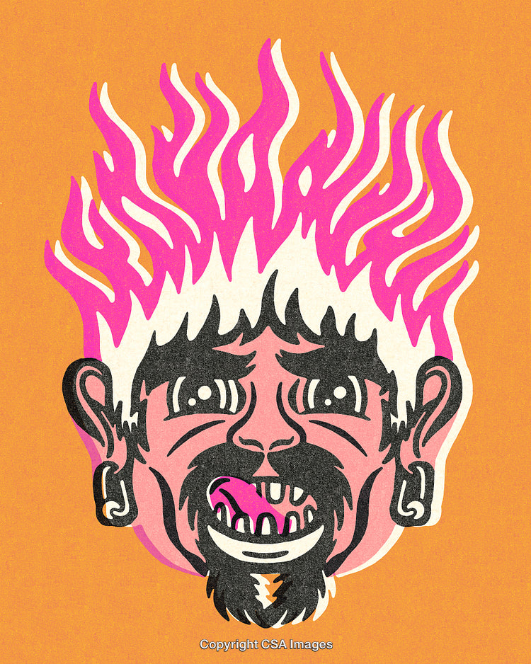 Bold Cartoon Character With Flaming Pink Hair on Orange Background