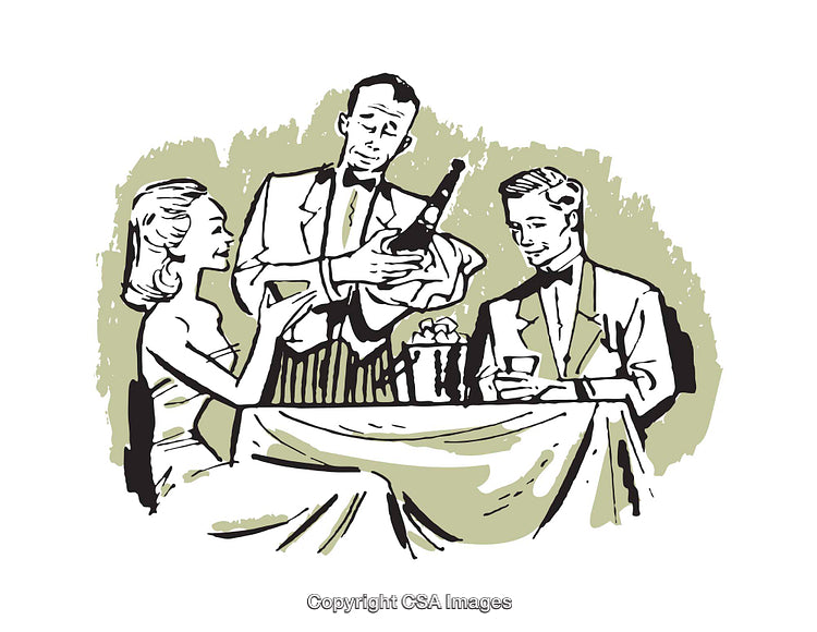 Elegant Evening Illustration of a Couple Being Served by a Waiter