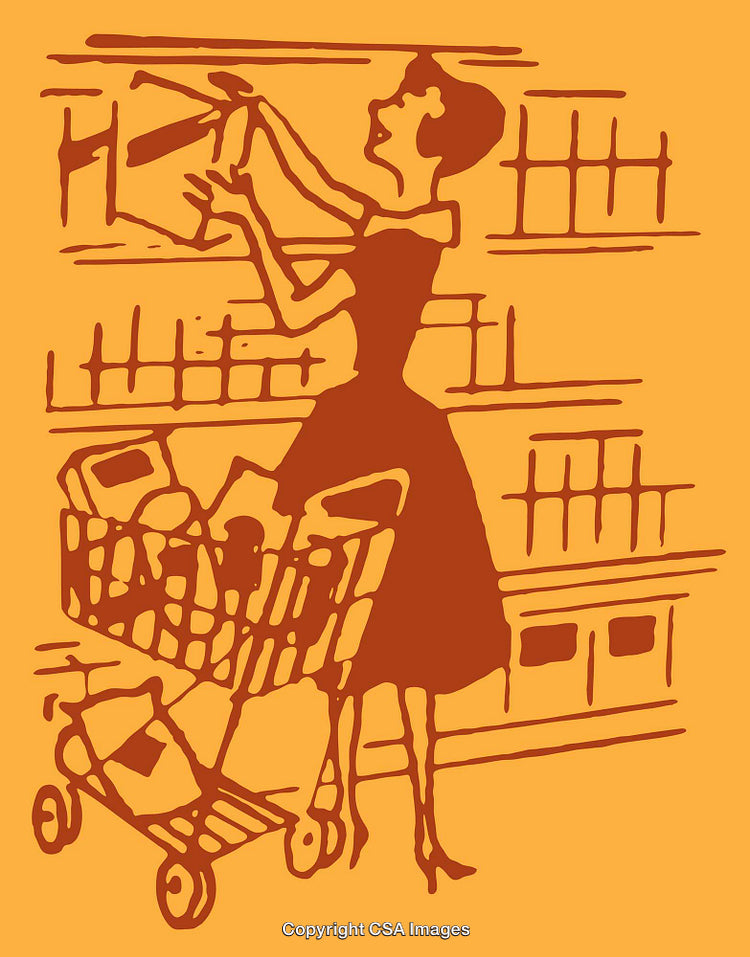 Retro Illustration of a Woman Shopping in a Grocery Store