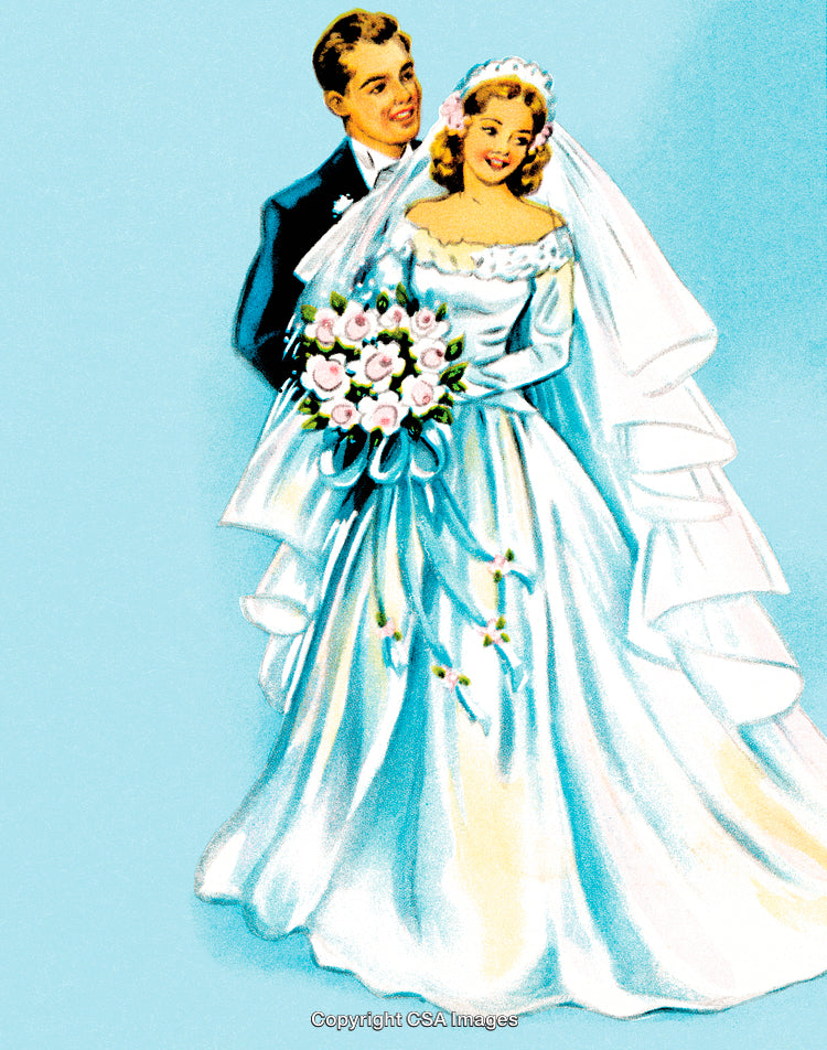 Vintage Illustration of a Happy Bride and Groom on a Wedding Day