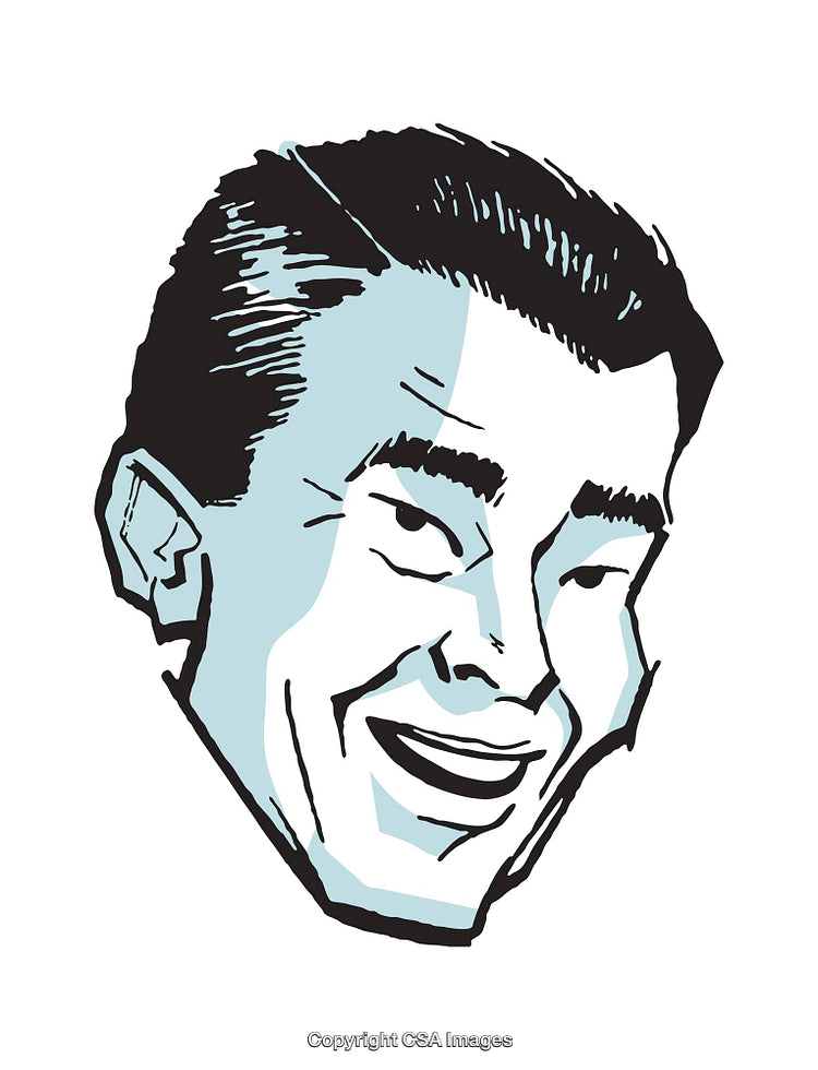 Retro Illustration of a Smiling Man's Face in Black and Blue Tones