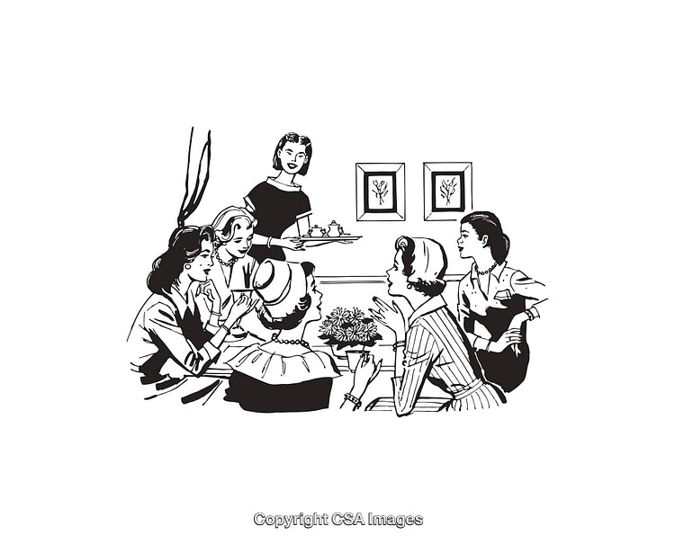 Retro Black-and-White Illustration of Women Socializing at a Tea Gathering