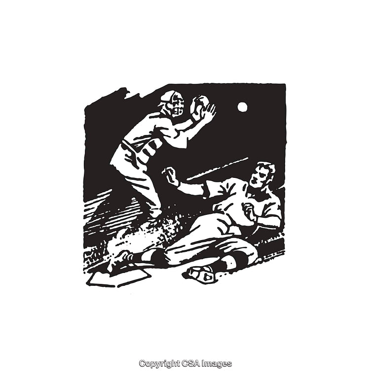 Vintage Black And White Baseball Illustration Featuring Play at Home Plate
