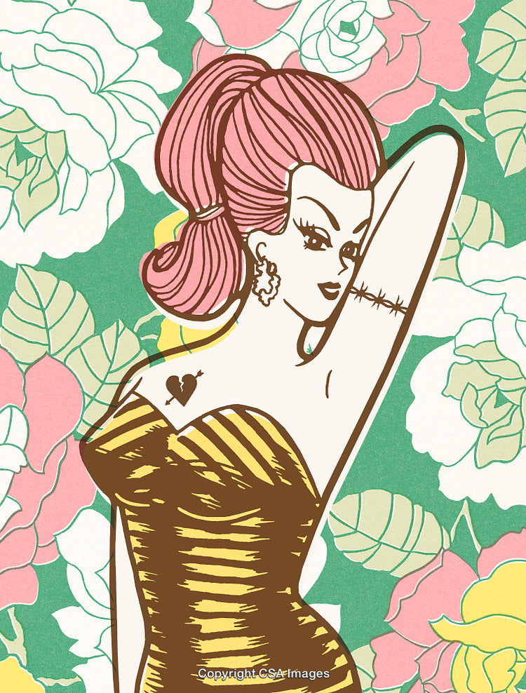 Stylish Illustration of a Retro-Inspired Woman in Vibrant Floral Background