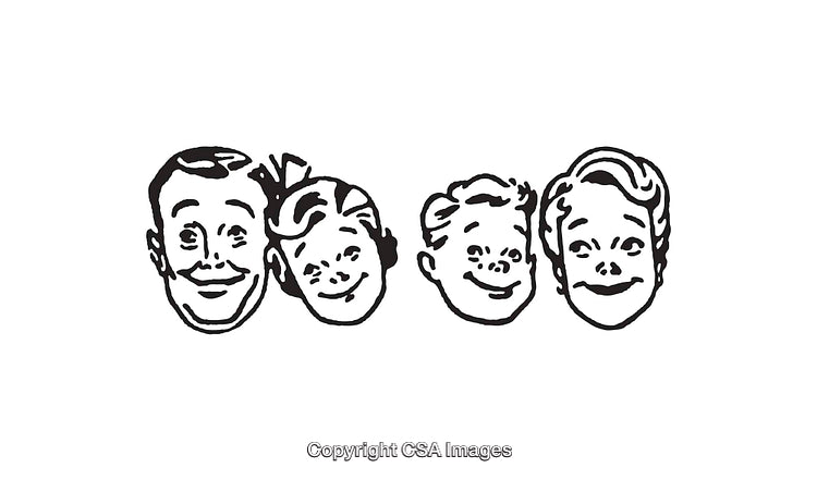 Retro Black and White Line Art Family Illustration with Smiling Faces