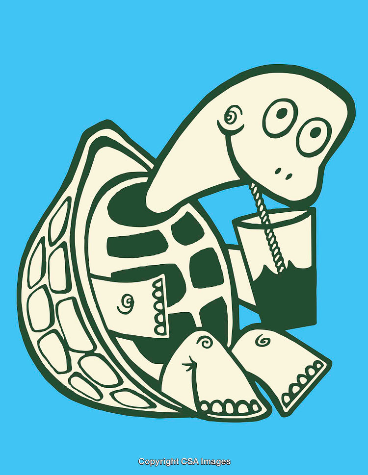 Colorful Cartoon Drawing of a Turtle Drinking From a Straw on Blue Background