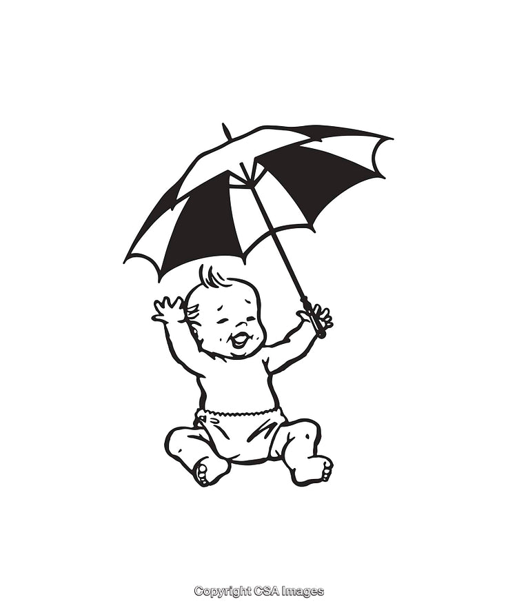 Adorable Baby Holding Umbrella in Black and White Line Art