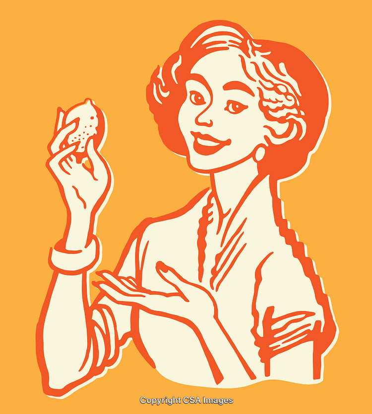 Retro Style Elegant Woman Holding Lemon in Color Line Illustration
