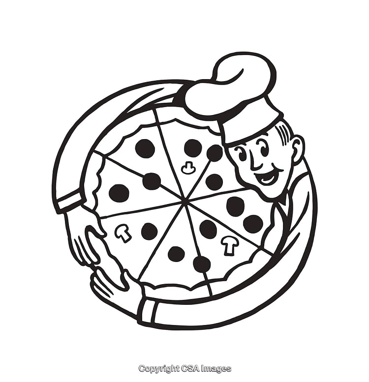 Black and White Drawing of a Chef Holding Delicious Pizza