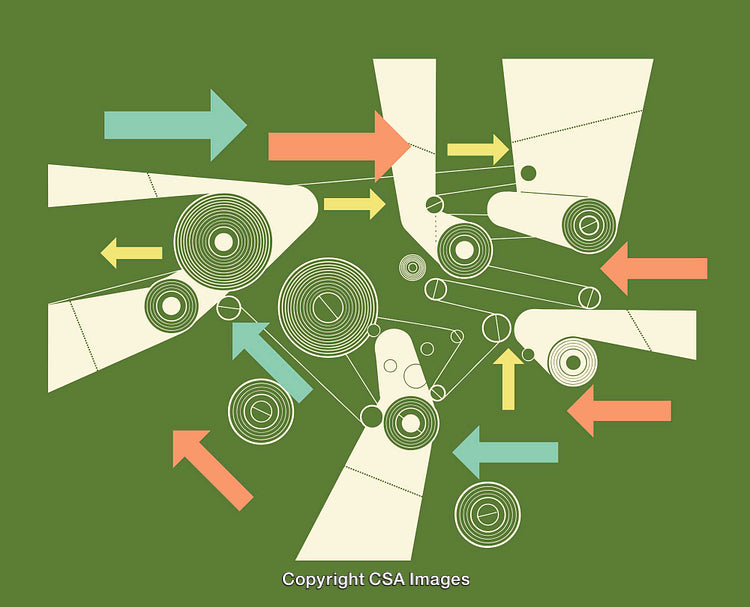 Abstract Geometric Machine-Like Artwork with Colorful Arrows on Green Background
