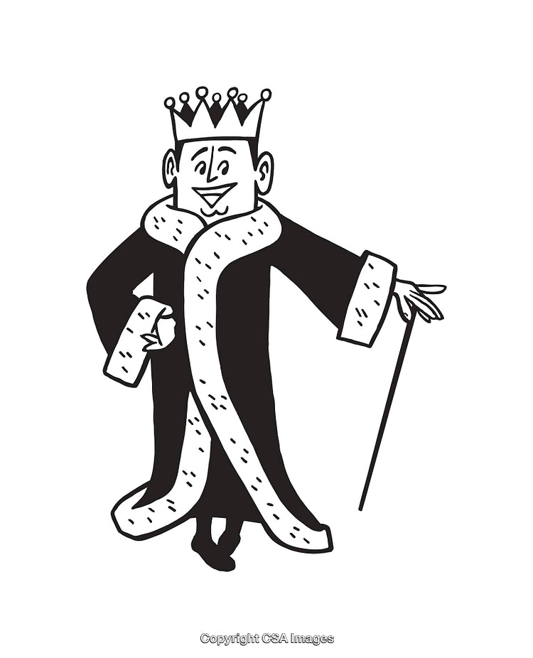 Black and White Line Art of a Cartoon King with a Crown and Scepter
