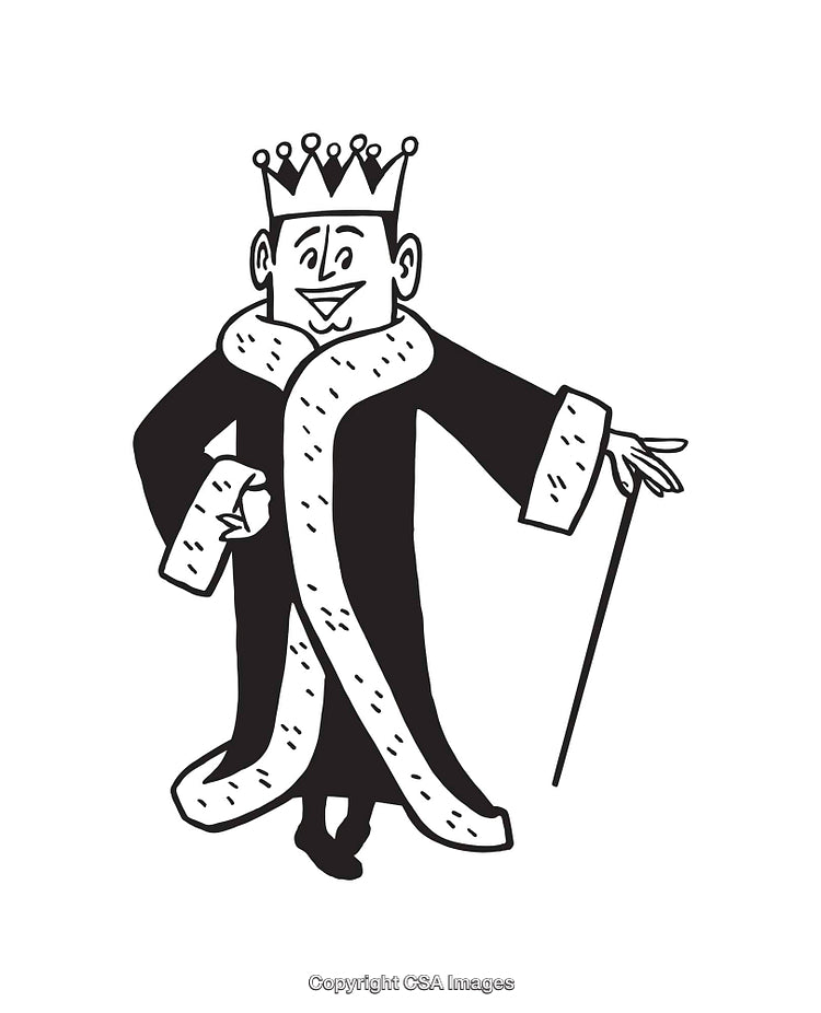 Black and White Line Art of a Cartoon King with a Crown and Scepter