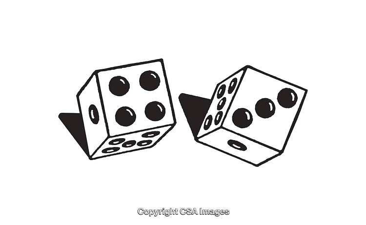 Black and White Line Art of Two Rolling Dice on White Background