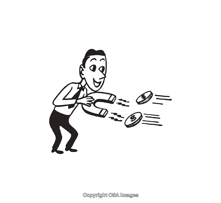 Retro Businessman Using Magnet to Attract Flying Dollar Coins Illustration