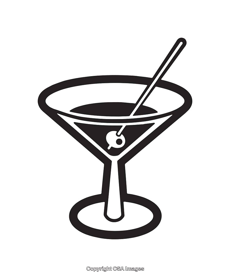 Black and White Line Art of a Martini Cocktail Glass with Olive Garnish