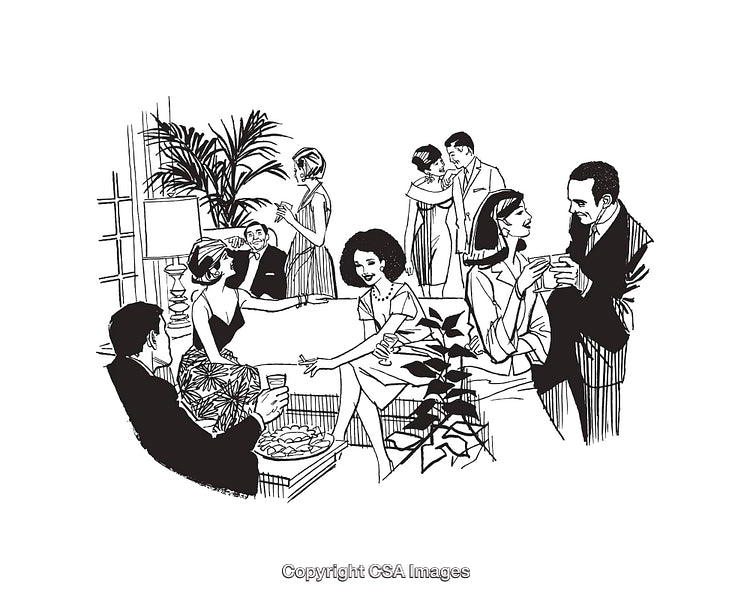 Elegant Social Gathering Depicted in Black and White Line Art Illustration