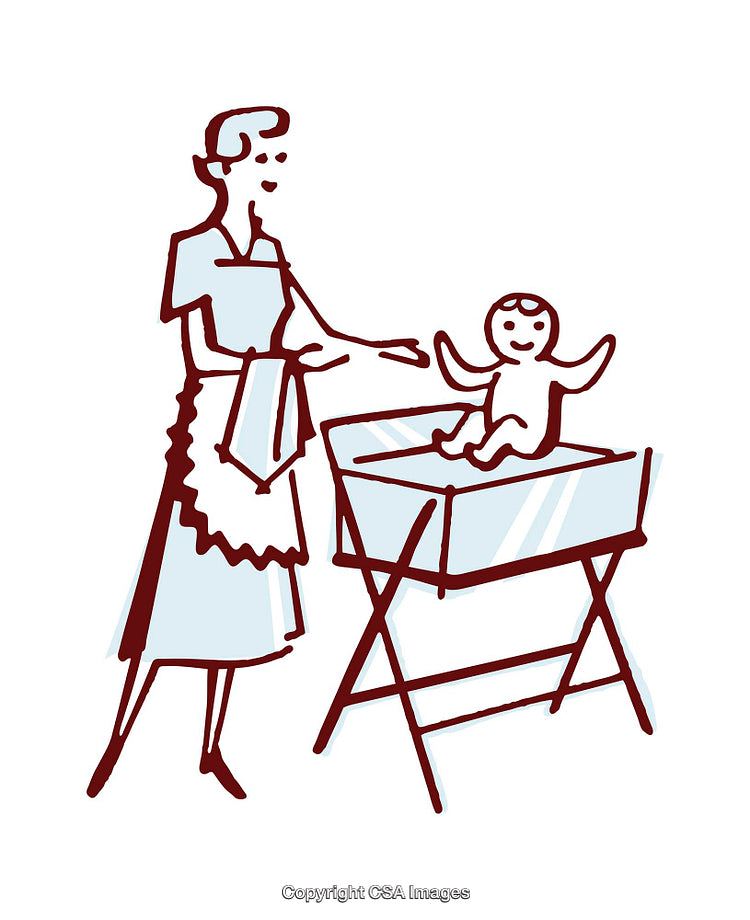Mother Changing Baby on a Foldable Table, Vintage Illustration