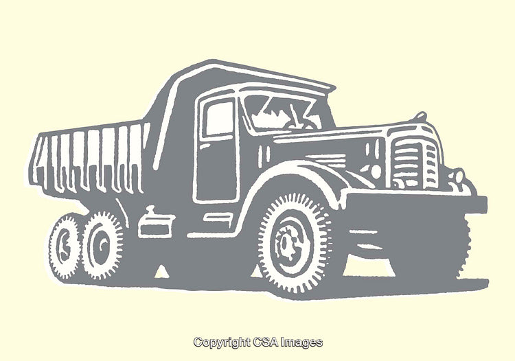 Bold Monochrome Illustration of a Classic Dump Truck in Vintage Style
