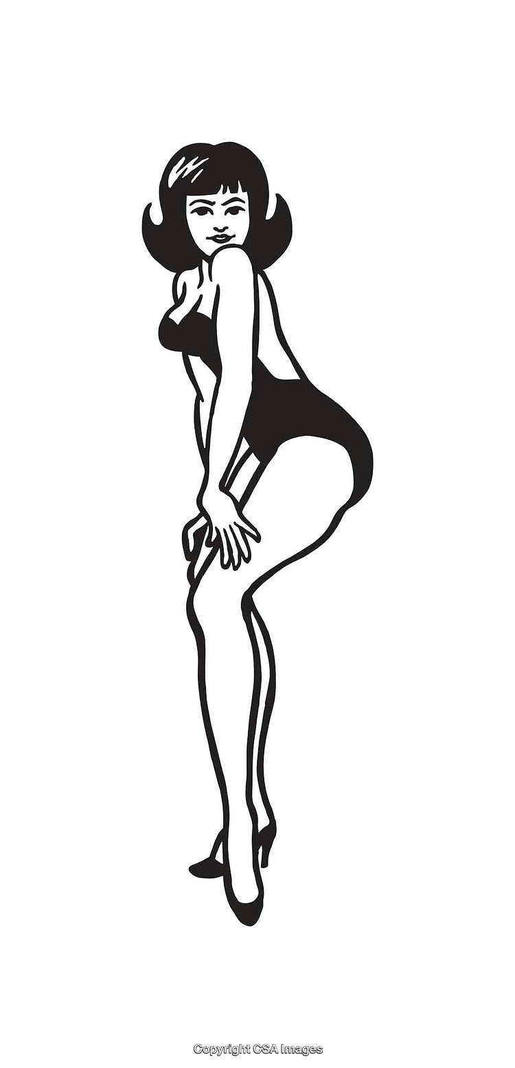 Retro-Style Black and White Line Art of a Striking Woman Pose
