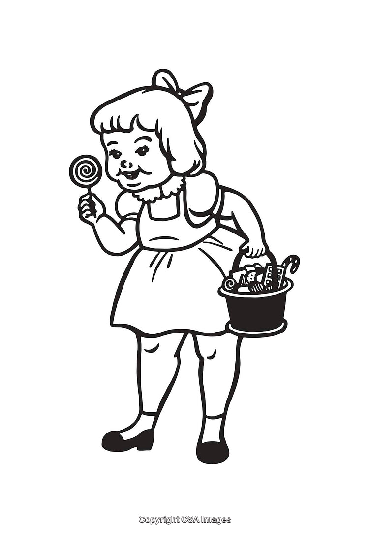 Black and White Line Art of a Girl with Candy and Basket