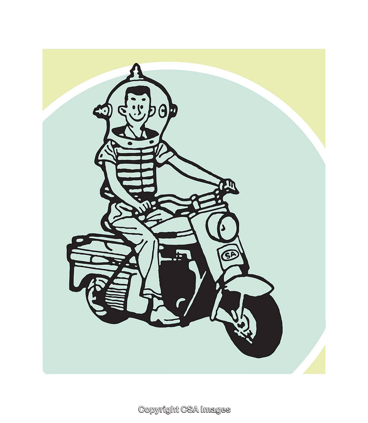 Retro Cartoon Space Helmet Motorcyclist Illustration with Playful Appeal