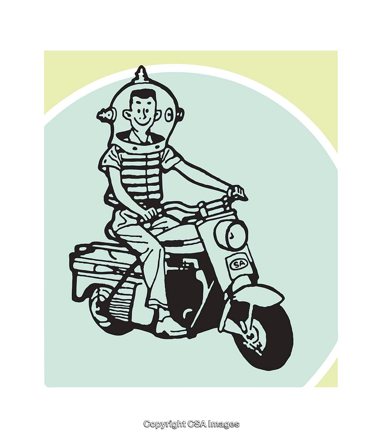 Retro Cartoon Space Helmet Motorcyclist Illustration with Playful Appeal