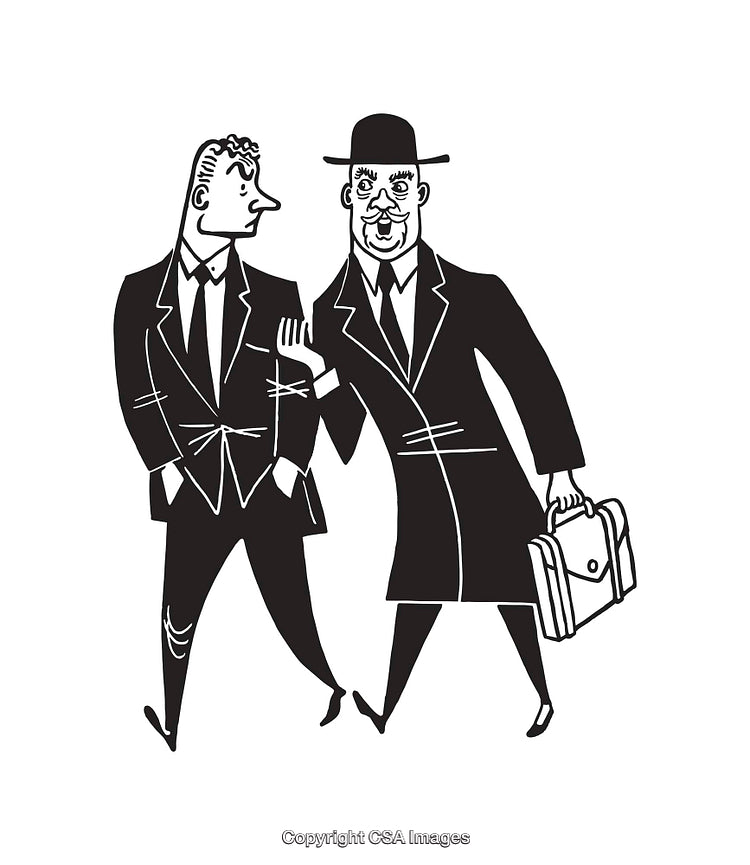 Black and White Line Art of Two Businessmen in Conversation