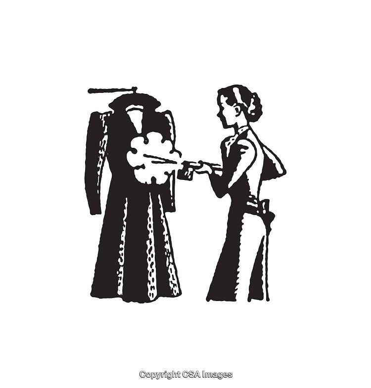 Vintage Black and White Illustration of a Woman Operating a Hand Tool