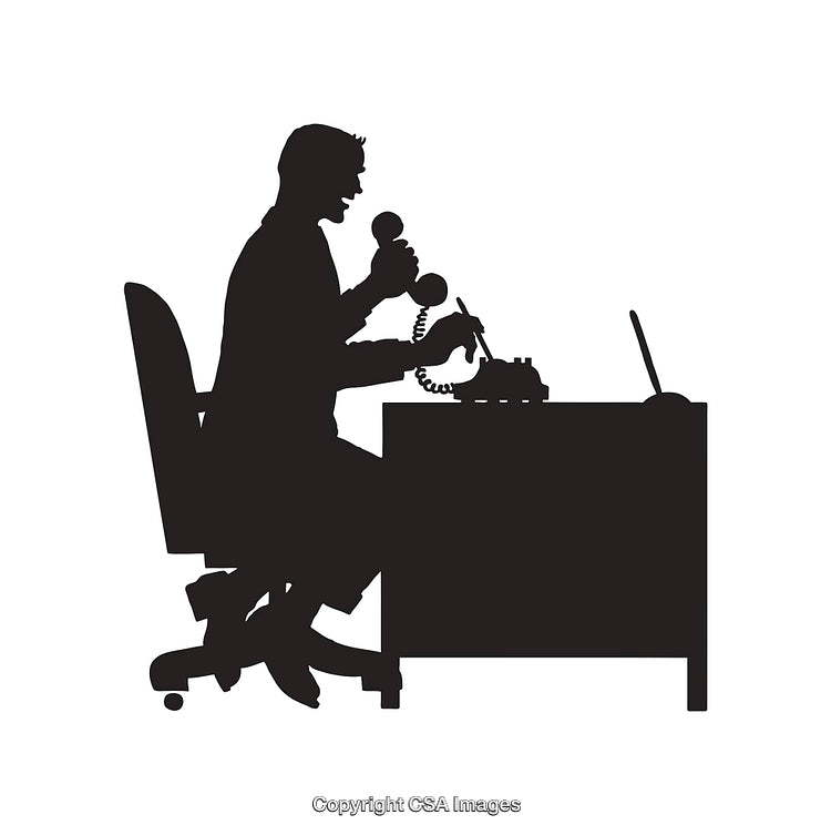 Silhouette of a Busy Office Worker at a Desk with Telephones