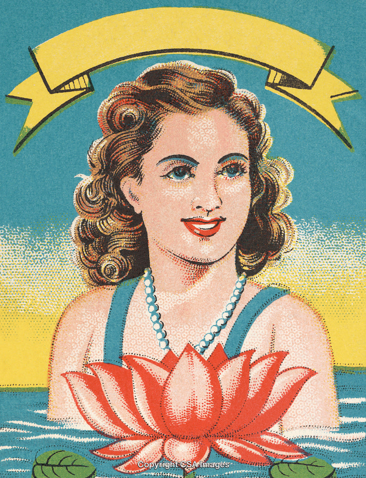 Vintage Artwork of a Smiling Woman with a Lotus Flower Illustration