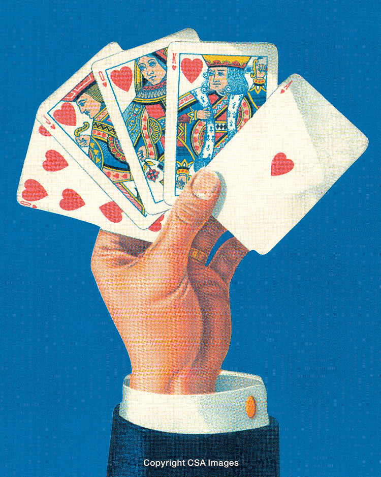 Playing Cards Hand Holding Royal Flush Against a Blue Background