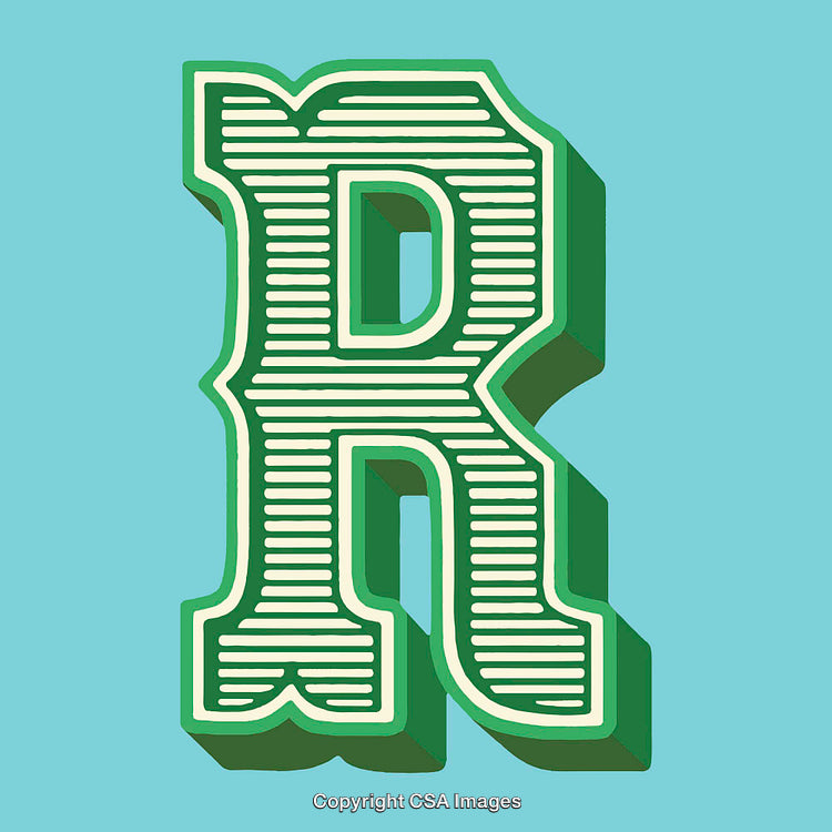 Stylized Decorative Letter R in Retro Typography on Light Blue Background