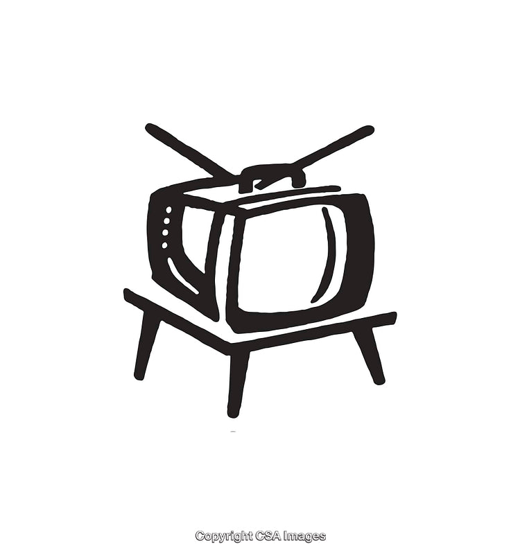 Black and White Illustration of Retro Television Set with Antennas
