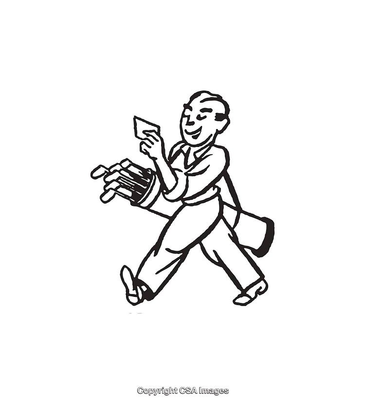Handdrawn Black and White Retro Cartoon of Cheerful Worker Carrying Poster Supplies