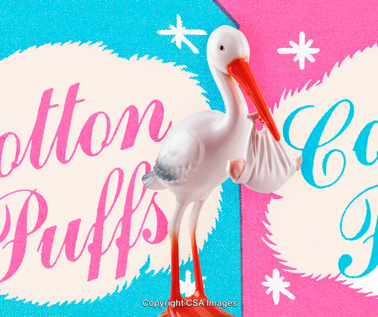 Colorful Plastic Stork Toy with Baby Against Vibrant Background Design