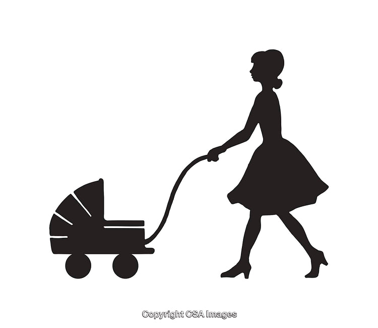 Silhouette of a Woman Walking with a Baby Stroller in Profile