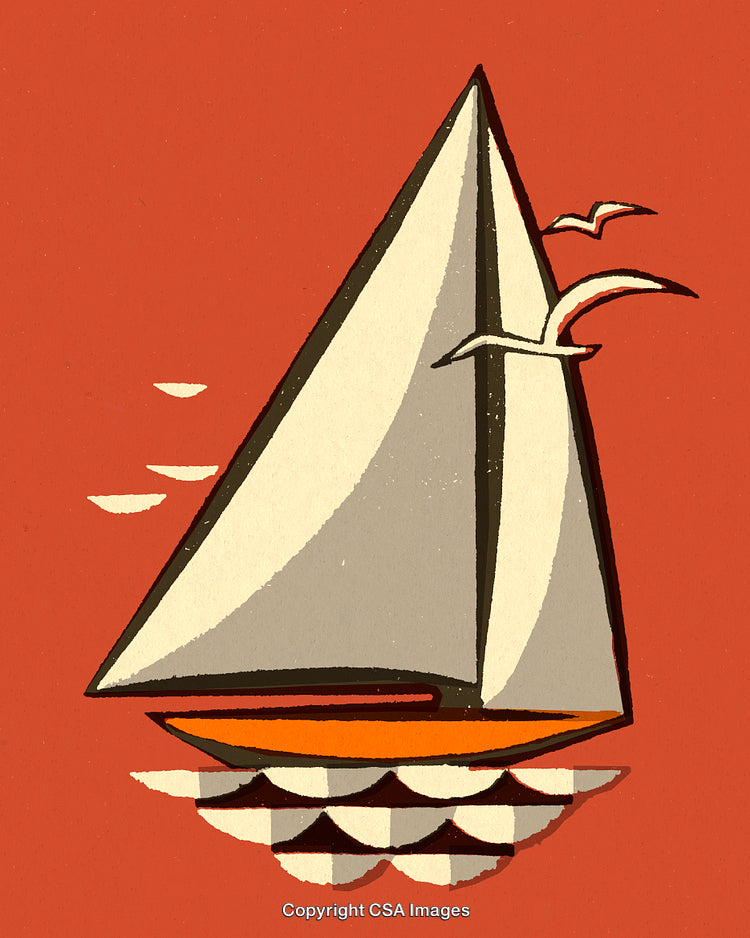Stylized Sailboat Illustration with Seagulls Over Calm Waves on Red Background