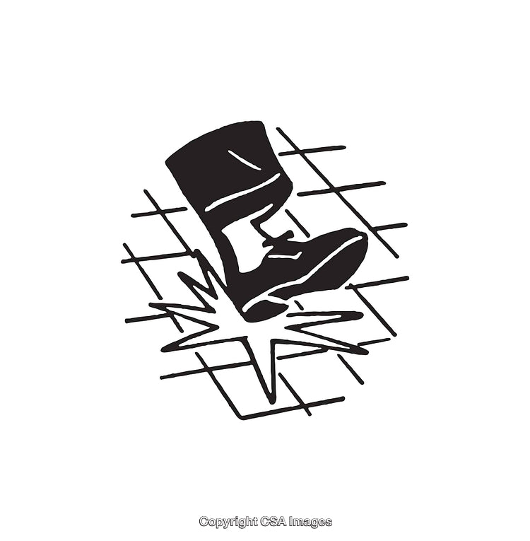 Black and White Illustration of a Boot Breaking Through a Grid Pattern