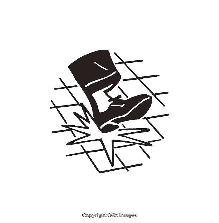 Black and White Illustration of a Boot Breaking Through a Grid Pattern