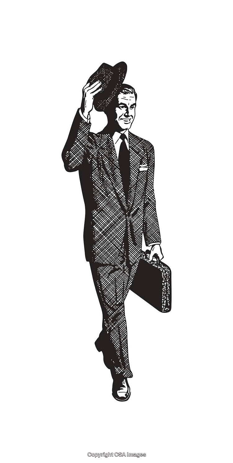 Elegant Man in Suit Holding Hat and Briefcase with Retro Style