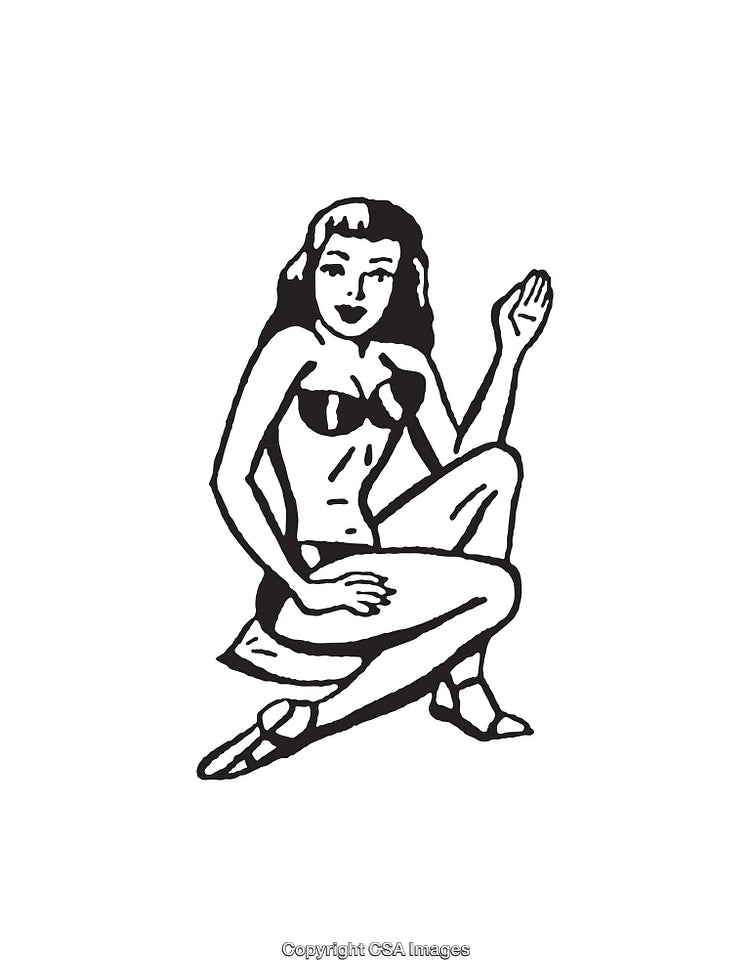Vintage Black and White Illustration of a Pin-Up Style Woman