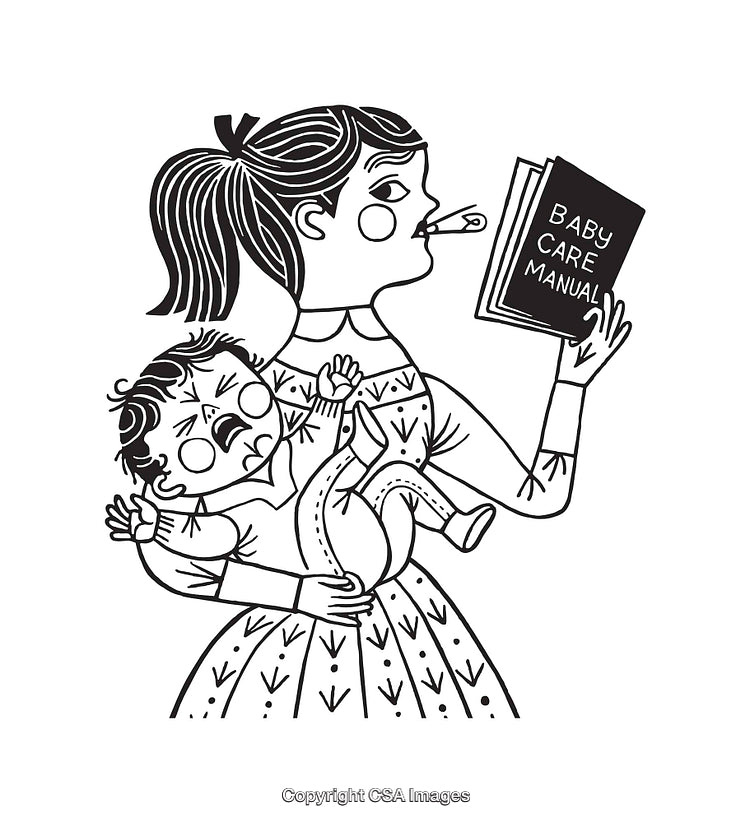 Black and White Line Art Illustration of a Caregiving Situation