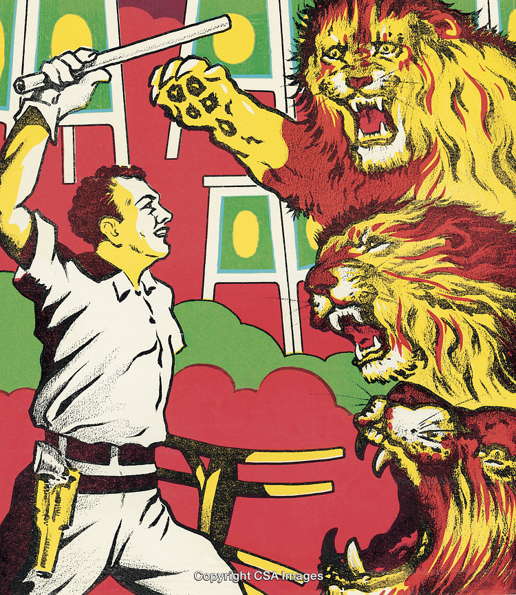 Vintage Illustration Depicting Man Confronting Fearsome Lions in Bold Colors