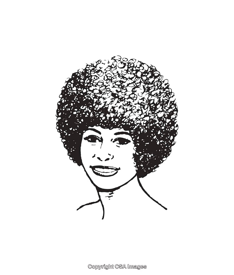 Black and White Line Art Illustration of a Smiling Woman with Curly Hair