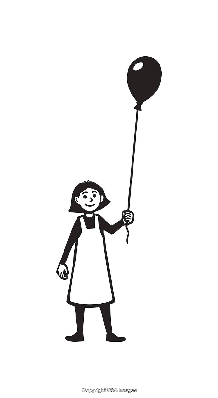 Black and White Illustration of a Girl Holding a Helium Balloon