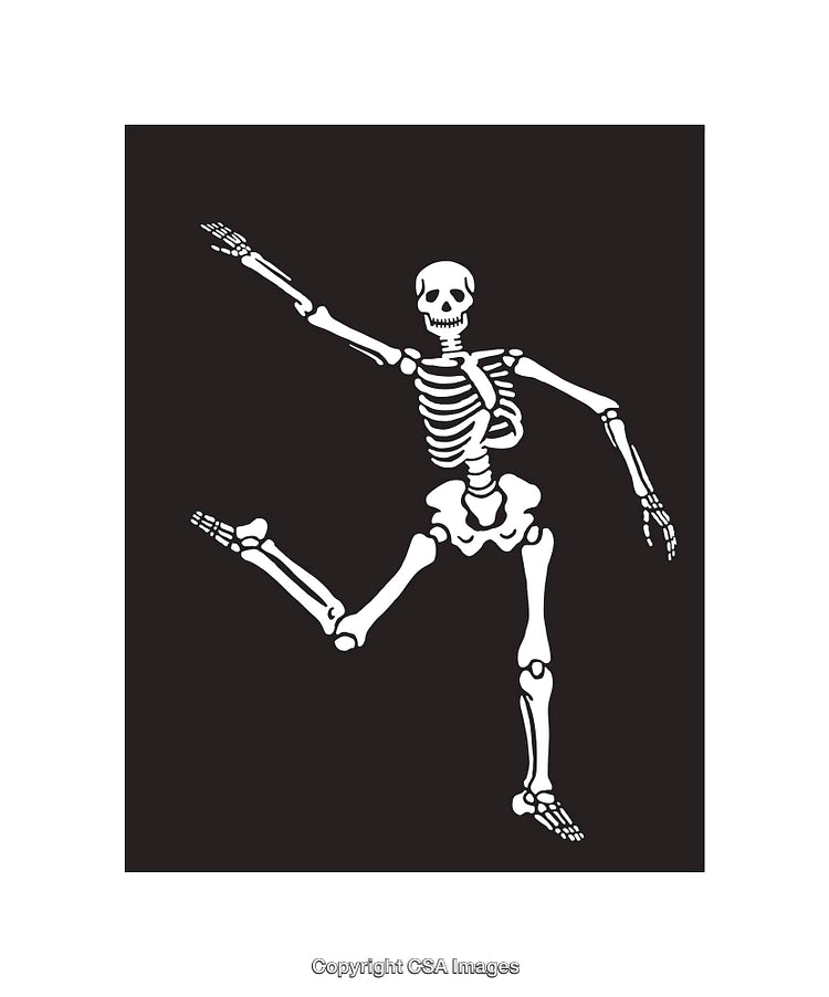 Dancing Skeleton Artwork on Black Background with Bold Stylized Design