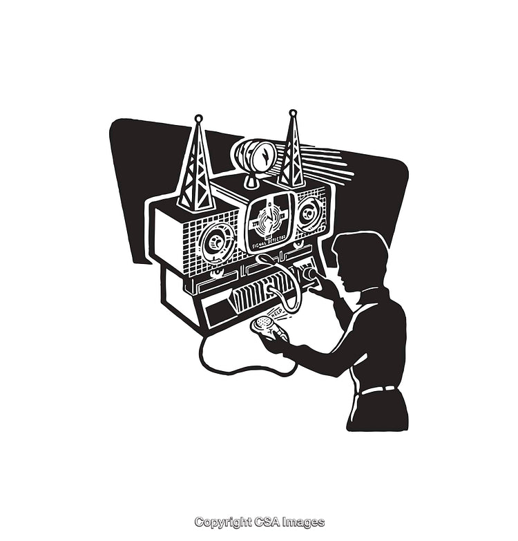 Vintage Electronics Repair Scene in Retro Black and White Line Art