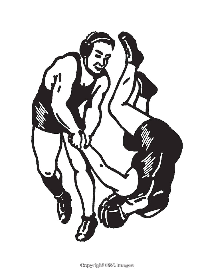 Vintage Black And White Wrestling Line Art Illustration of Two Athletes